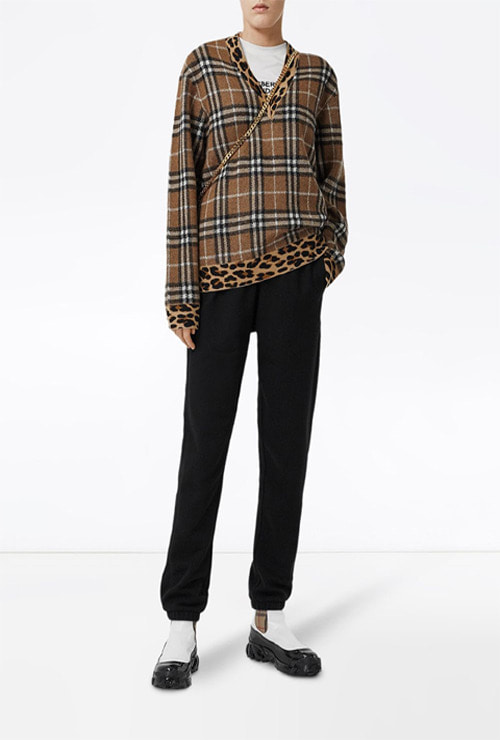 bur st. vintage check leopard-trimmed sweater