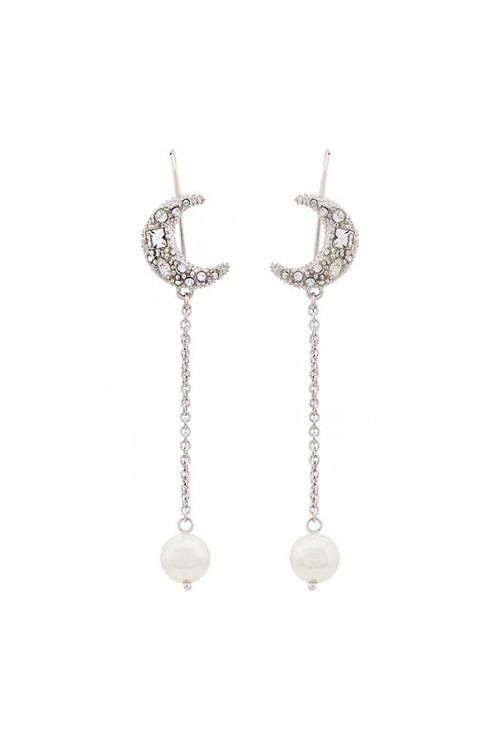 metallic silver pearl and moon charm drop earrings