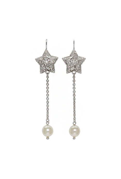 metallic silver pearl and crystal star long earrings