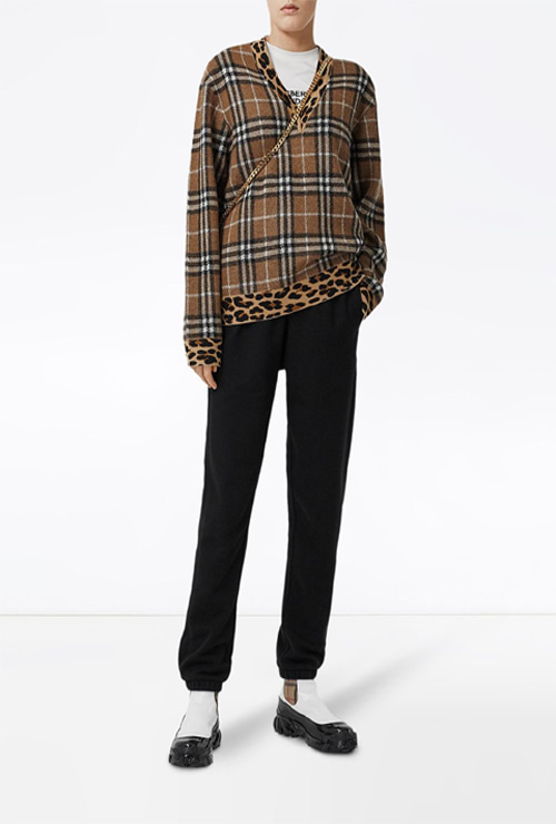 bur st. vintage check leopard-trimmed sweater