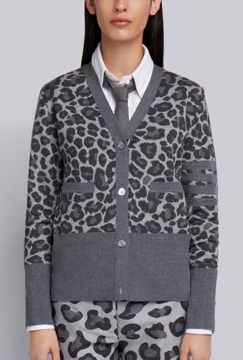 thom st. leopard wool jacquard v neck cardigan