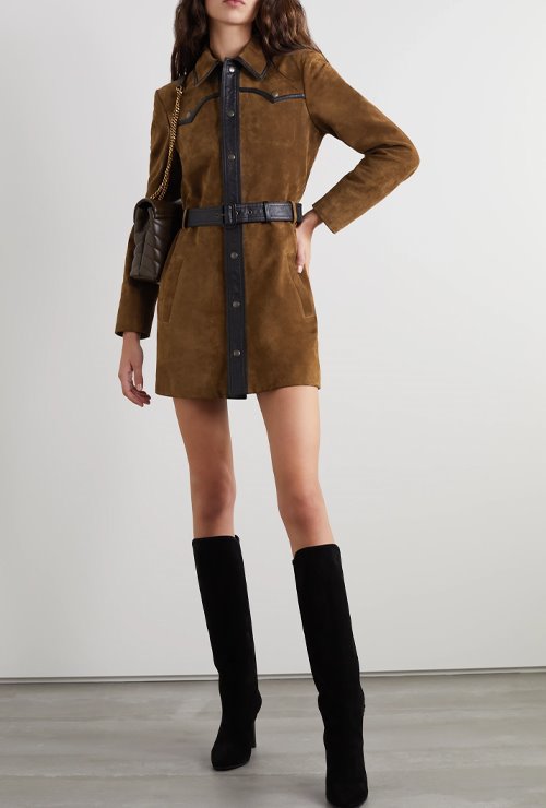 saint st. belted leather-trimmed suede mini dress
