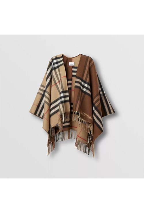 contrast check wool cashmere cape